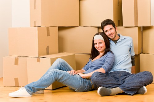 Office furniture and boxes prepared for commercial removals