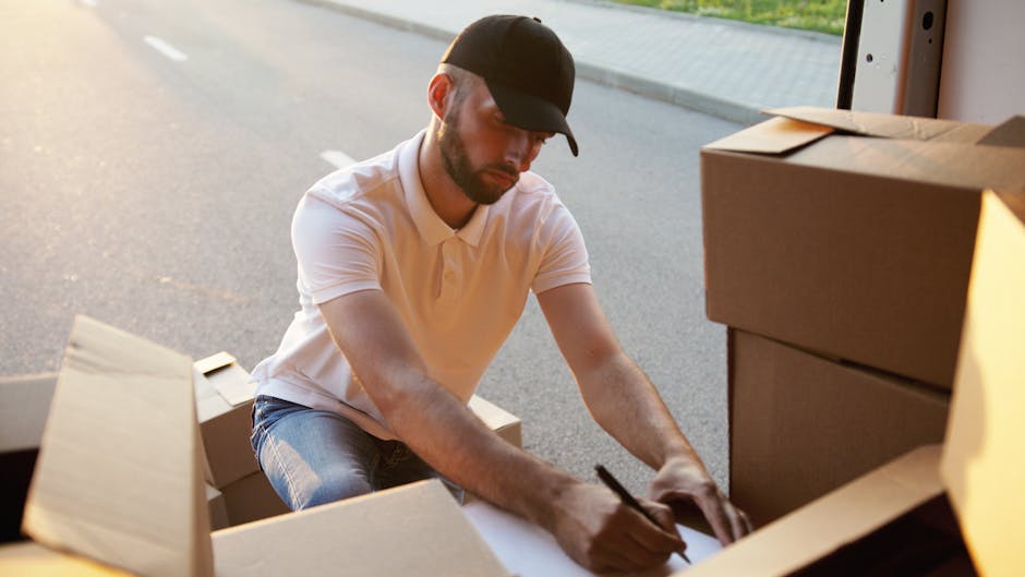 A man wearing a black cap, white polo shirt, and jeans is crouched inside a partially opened cardboard box, writing on a packing list with a black marker. He is surrounded by several other packed cardboard boxes, some sealed and some open, which contain household items such as wrapped fragile objects and miscellaneous belongings. The boxes are placed on the pavement just outside a property, with a vehicle nearby, suggesting the process of loading or unloading during a home relocation. The scene is illuminated by natural daylight, highlighting the careful packing materials like bubble wrap and packing paper. This setup illustrates the packing and moving phase of furniture transport handled by Man with Van Sanderstead as part of their specialist removals services, particularly relevant to addressing narrow-access fees in Sanderstead and ensuring safe, efficient home relocation logistics.